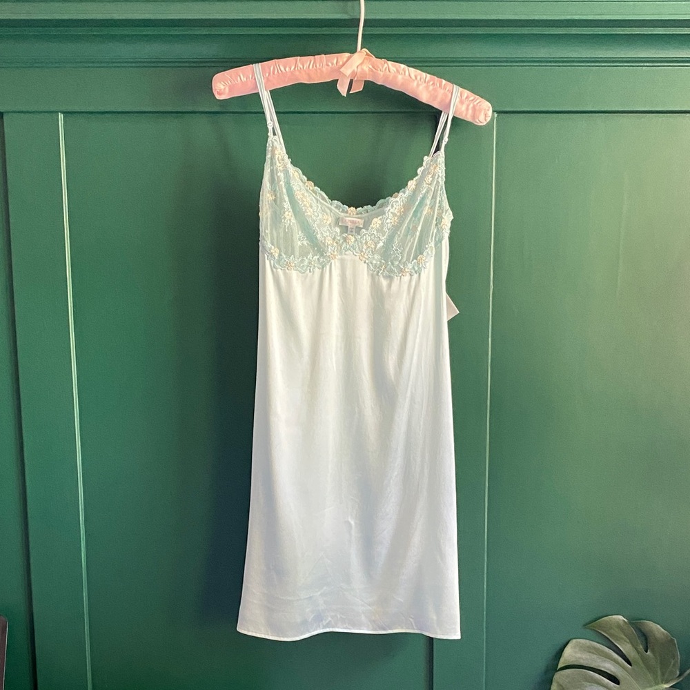 La Perla Pale Blue Floral Lace-Trim Silk Slip Dress M